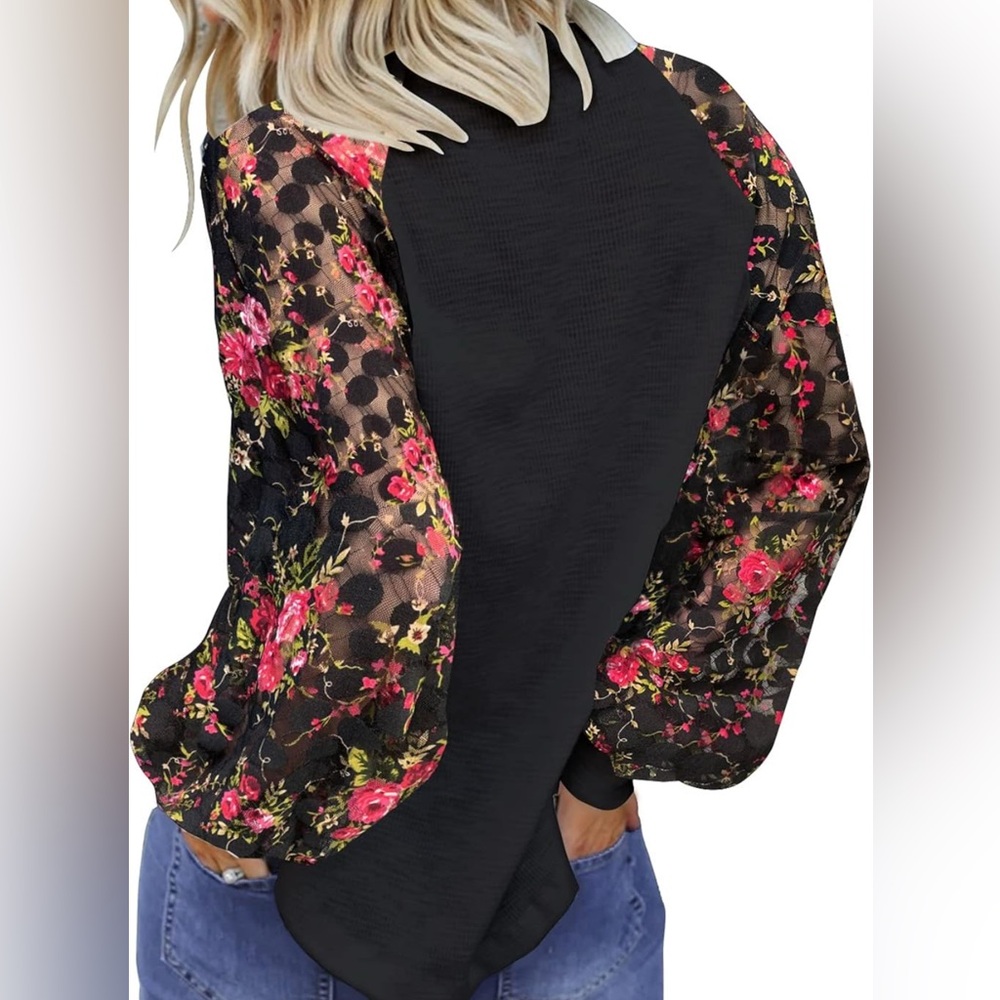 Black Top with Lace Floral Sleeves - Picture 4 of 5